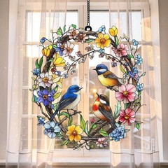 Spring Bird Wreath Acrylic Suncatcher, Bluebird Faux Acrylic Window Hanging