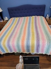 Vintage Handmade Knit Rainbow Blanket, 120 X 96, Gently Used, Heavy, Soft