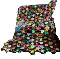 vintage 70s Black FLOWER POWER 3d Knit AFGHAN day glo hexagons granny squares
